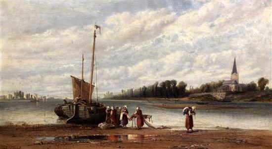 Arthur Joseph Meadows (1843-1907) Estuary scene with women unloading a sail barge 18 x 32in.